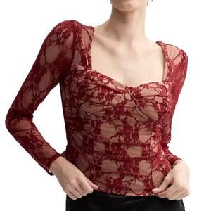 Madden Girl Long Sleeve Bustier Burgundy Nude Lace Top Juniors Size Large NWT